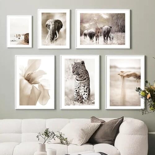 Beige Flower Beach Sand Elephant Leopard Wall Art Canvas Painting Nordic Posters And Prints Wall Pictures For Living Room Decor