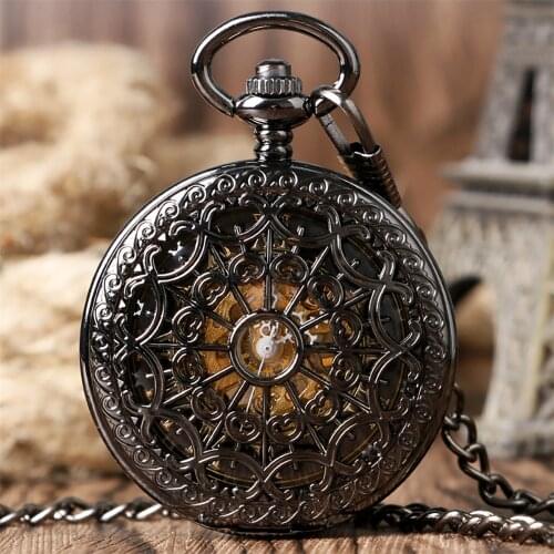 Double Cover Hollow Spider Web Mechanical Watch Men Hand Winding Retro Black FOB Chain Manual Mechanism Pocket Clock Male Gifts