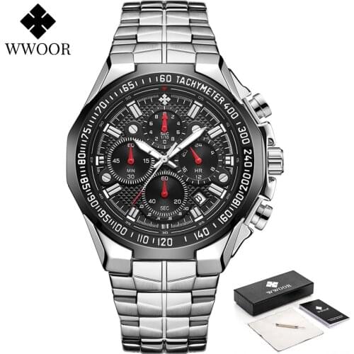 WWOOR Men Watch Luxury Big Dial Mens Sport Chronograph Watch Waterproof Stainless Steel Quartz Wrist Watch Business Reloj Hombre