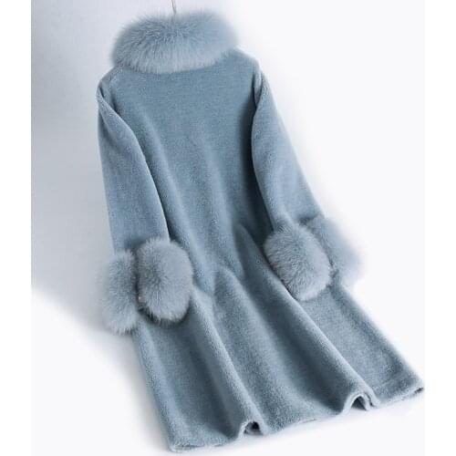 Winter Sheep Shearing Long Coat Women Clothes 2020 Wool Jacket Real Fox Fur Collar Abrigos Mujer KJ1044