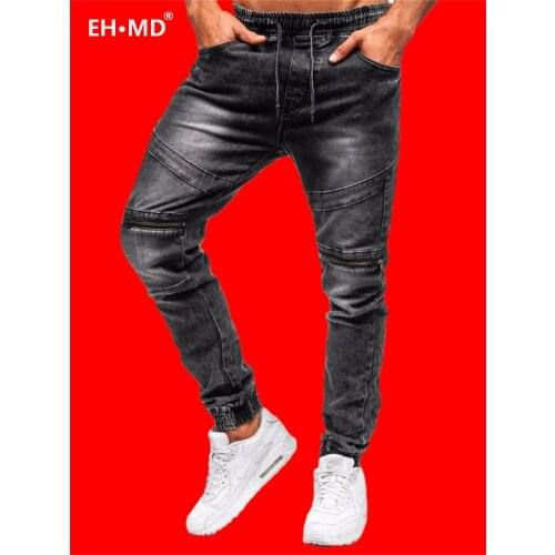 EH·MD® Mens Harem Jeans Drawstring Sweatpants Dark Blue Large Size Highly Elastic Slim Loose Fashion Splicing Drawstring Pants