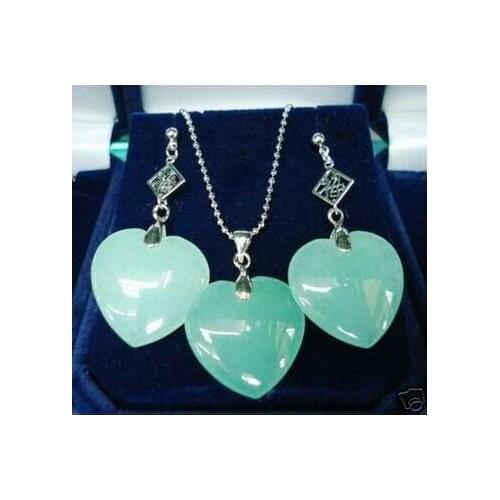 Wholesale beautiful silver plated heart shape green Natural Stone earring and pendant jewelry set