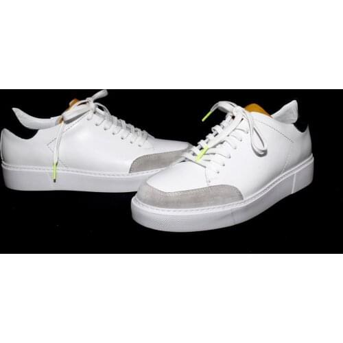 Handmade Sneakers with White Calf Leather Suede, Mustard, Dark Green, Fluorescent Neon Lace Tips, Sport Shoes Lightweight Soles