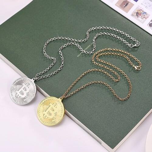 Music Band Men Bitcoin Pendants Necklace Jewelry Round Bit Coins Choker Charm Chain Necklace Collares Accessories