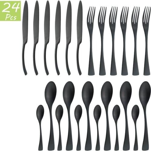 6/24Pcs Black Dinnerware Cutlery Set Stainless Steel Kitchen Tableware Set Steak Knives Fork Coffee Spoon Flatware Drop Shipping
