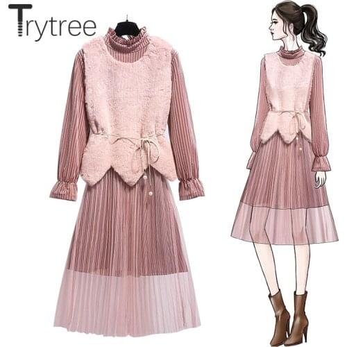 Trytree 2020 Autumn Winter Two piece set Casual Turtleneck Pleated Flare Sleeve Dress + Vest Belt Office Lady Set 2 Piece Set