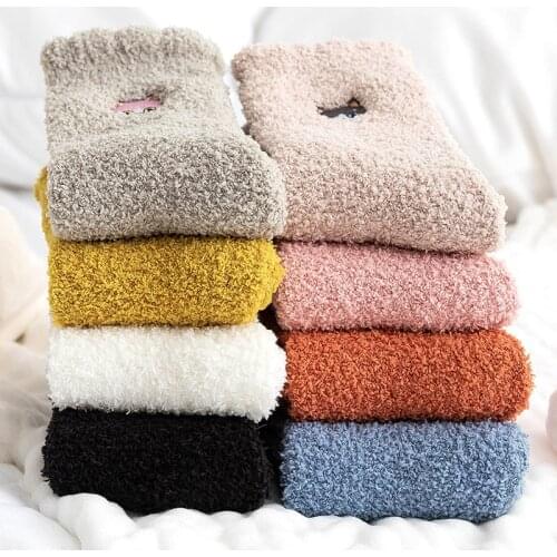 Autumn and Winter Womens Coral Fleece Japanese Socks Half Fleece Socks Embroidery Squirrel Middle Tube Thick Warm Towel Socks