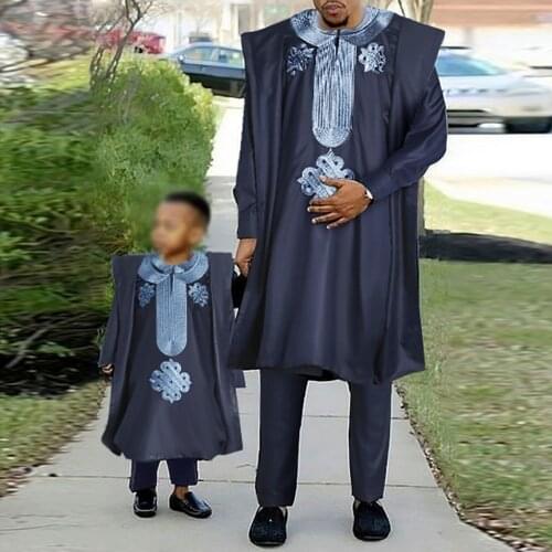 H&D Parents Kids Clothes African Men Agbada 3 Piece Sets Children Boys Robe Shirt Pant Suit Embroidery Dashiki Muslim Clothing