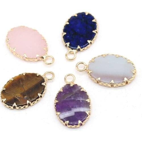 Natural Semi-precious Stone Pendant Elliptical Tiger Eye Rose Pink Quartz Charms for DIY Crafts Earring Necklace Jewelry Making