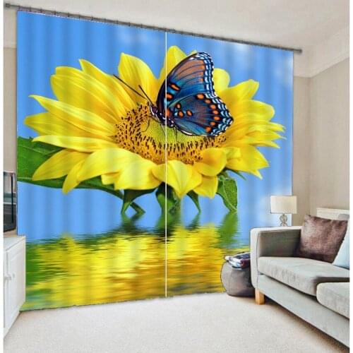 Sunflower Butterfly print Luxury 3D Window Curtains For Living Room Bedroom Drapes Cortinas Rideaux Customized size pillowcase