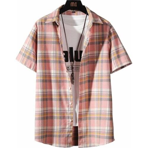 Harajuku Fashion Mens Plaid Shirts Short Sleeve Cotton Striped Shirts Male Streetwear Summer Tops Dress Chemise Homme Plus Size