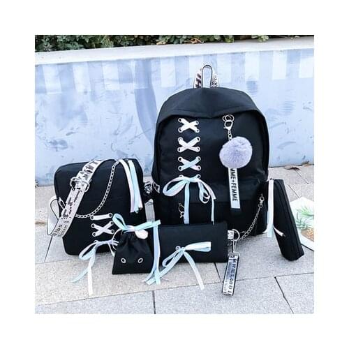 Popular Canvas Backpack Female Bow Ribbon Campus Student Backpack Casual Children Mother Package Four-piece