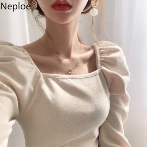 Neploe Chic Square Collar Hollow Out Clavicle T Shirt Slim Fit Pleated Puff Sleeve Solid Blusas Autumn Spring 2021 New Knit Top