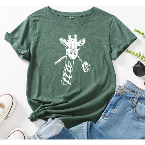 Giraffe Rose Flower Print Funny Women Tshirt Short Sleeve Graphic Tees Shirts Summer Tops Harajuku Clothes Mujer Camisetas