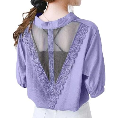 2021 Summer Female New All-Match Loose Shirt Lace Womens Short-Sleeved Top Large Size Solid Color V-Neck Blouse Base Shirt