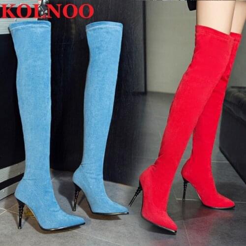 KOLNOO Handmade Ladies High Heels Over Knee Boots Strech-Denim Leather Sexy Evening Party Long Booties Winter Fashion Club Shoes