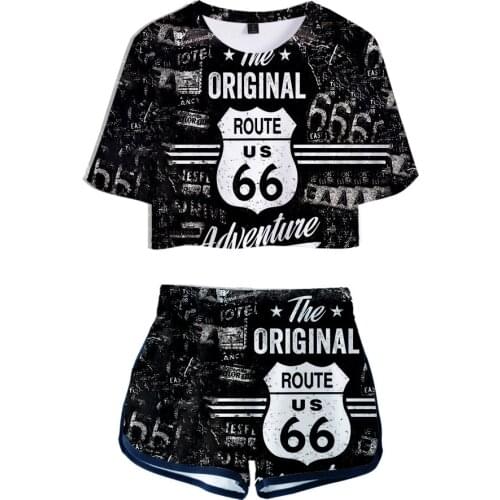 New Arrival Route 66 Women Two Piece Sets Shorts+Crop Tops T-shirt Summer Hip Hop Girl Harajuku Street Mother Road Clothes