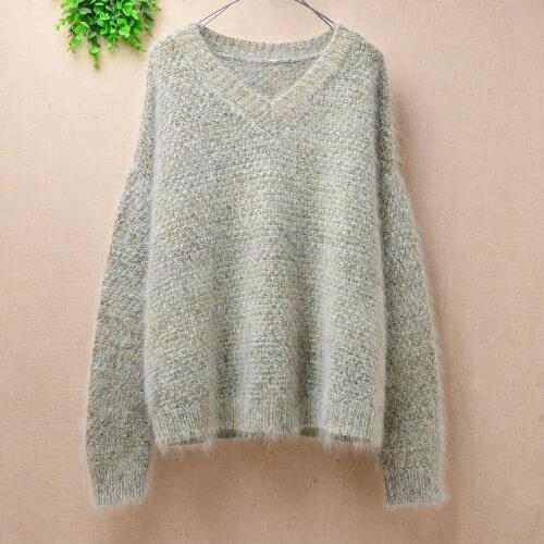 Ladies women winter fashion hairy mink cashmere v-neck loose long sleeves pullover angora rabbit fur winter jumper sweater pull