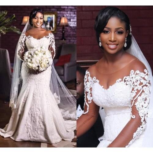 New Vintage African Mermaid Wedding 2022 Vestido De Mairee Long Sleeve Lace Bridal Gowns Black Girl Women Custom Made Bridal Gow