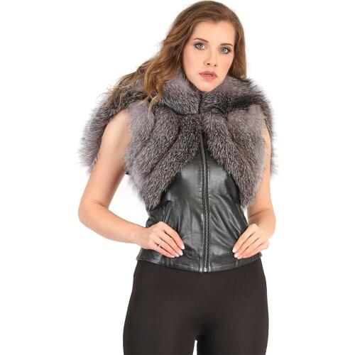 MODAQUEEN Women Fox Fur Accesory Leather Vest 102-Z - Original Fox Fur and Genuine Leather Vest