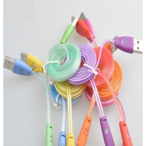 100pcs/lot 1 M 3FT Smile Face LED Light V8 Flat Micro USB Data Sync Charger Cable Cord For Samsung Galaxy S7 S6 S4 htc lg