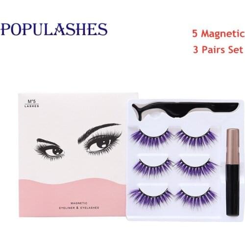 JOYFISH 5 Magnet Lashes Waterproof Eyeliner Tweezers Set Magnetic Color Purple Eyelashes Stage Dramatic Makeup Kit Accessories