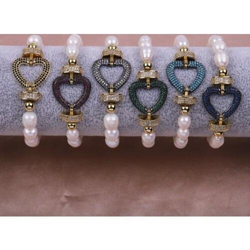 5Pcs Handmade Diy Freshwater Pearl Heart Five- Pointed Star Zircon Connector Finding Making Baroque Pearl Elastic Bracelet