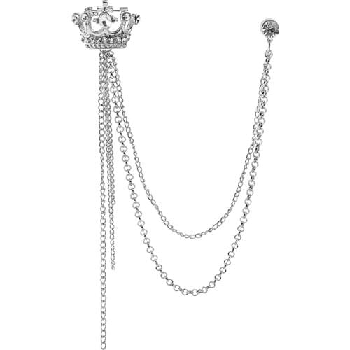 Retro College Style Crown Brooches Metal Chain Tassel Pin Jewelry Suit Lapel Pins Gifts for Christmas Party Casual Accessories