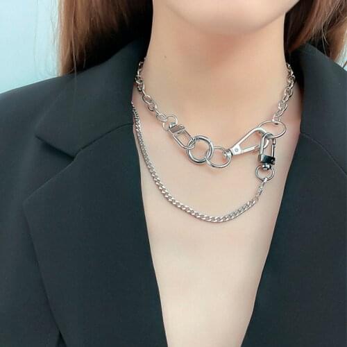 Lifefontier Design Black Keychain Necklace for Women Men Silver Color Geometric Round Metal Link Chain Necklace Punk Jewelry