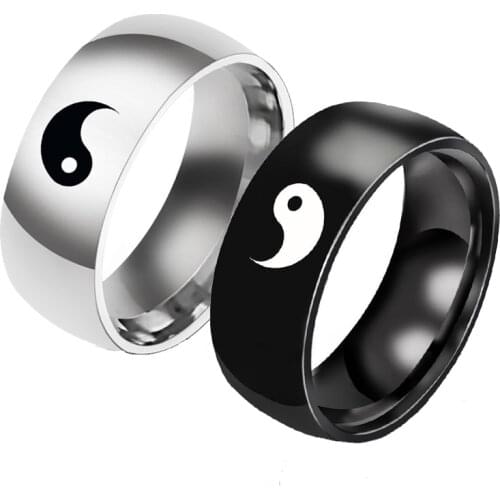 Black White Color Yin Yang Tai Chi Couple Rings Fashion Chinese Style For Men Women Statement Stainless Steel Wedding Ring
