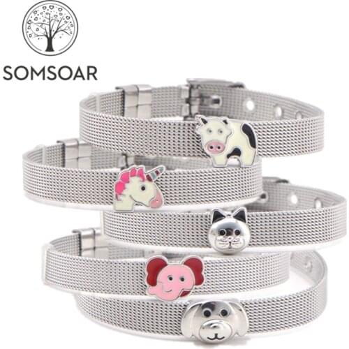Dropshipping Somsoar Jewelry Silvering Stainless Steel Mesh Bracelet Bangles with lovely animal Slide Charm Bracelets as gift