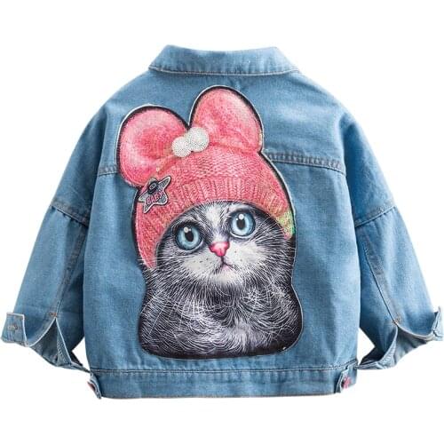 Girls Denim Jacket Coat Cartoon Girl Coat Sequin Childrens Jacket Spring Autumn Kids Clothes Girl
