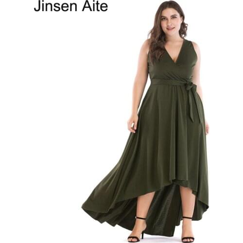 Jinsen Aite Plus Size XL-5XL Elegant Lady Party Dresses Summer Dress Women Sleeveless with Sashes V-Neck Maxi Long Dress JS604