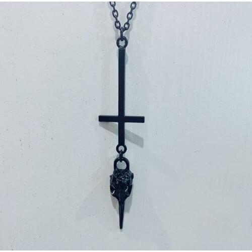 Gothic Black Cross Raven Skull Necklace Long Chain Pendant, Pagan Jewelry, Inverted Cross, Vampire Fashion Glamour Lady Gift