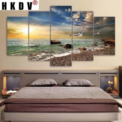 HKDV Canvas Wall Art Pictures Frame Decor painting 5 Pieces Sunset Landscape Animal Seagull Beach Living Room Print Posters