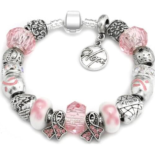 KEORMA New Series Pure Hope White&Pink Crystal Ribbon&Round Shape Female Unique Alloy Charms Beads Bracelet for Delicate Jewelry