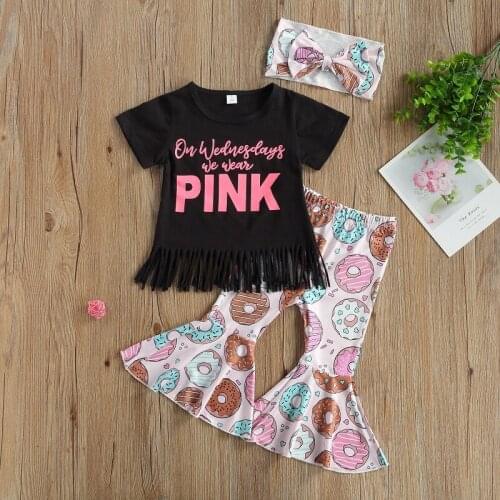 3PCS Summer 2021 Fashion Girl’s Clothes Letter Tassel Short-sleevedand Donuts Trumpet Long Pants Kids Toddler Suit