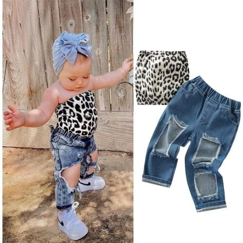 1-6Years Fashion Kids Girls Clothes Sets 2pcs Children Girls Leopard Print Sleeveless Tube Tops+Ripped Hole Jeans Long Pants
