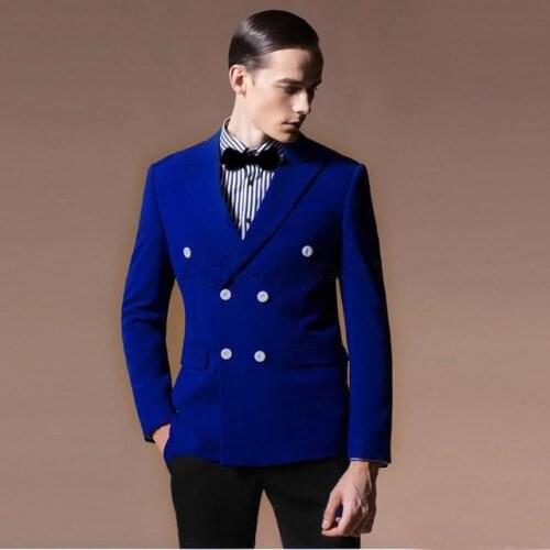 Men Suits Set Costume Royal Blue Double Breasted Blazer With Black Pants Suit For Wedding Prom Printing Coat Tuxedos