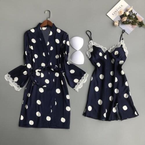Polka Dot Lace Home Wear Women Nightgown Sets Nightdress Bathrobe With Chest Pad Female Satin Bath Gown Sleepwear Robes Suit 914