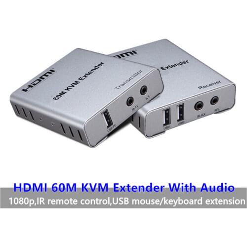 KVM HDMI Extender USB mouse/keyboard Extension 60M by Cat5/6/RJ45/LAN/UTP Network cable,IR Control,TX/RX 3.5MM R/L Audio output
