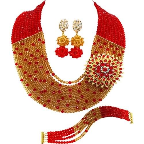 Fashion Red Champagne Gold Nigerian Wedding African Beads Jewelry Set Crystal Necklace Bracelet Earrings Sets 10SZ18