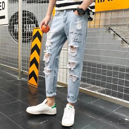 Idopy Fashion Mens Ripped Skinny Jeans Vintage Washed Urban Style Denim Pants With Knee Holes Jean Pencil Ankle Length Pants