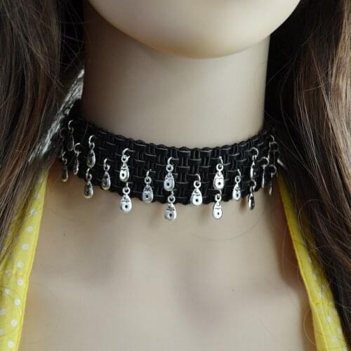 Punk Style Black Leather Rope Braid Choker Necklace Statement Gothic Charms Short Clavicle Wide Necklace For Women Maxi Jewelry
