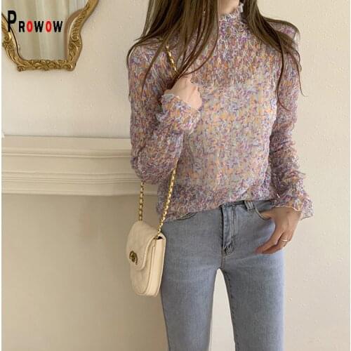 Prowow Sexy Perspective Women Long Sleeve Blouse 2021 New Floral Spring Fall Crop Top Clothes Sweet Slim Outfits Lace Hollow Out
