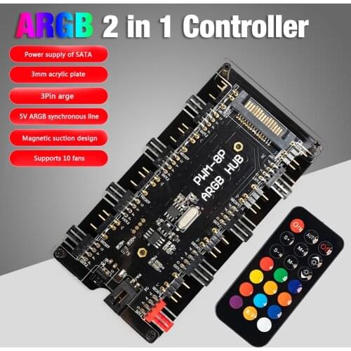 2 In1ARGB Controller 4-pin PWM Temperature Control 5V 3-pin Synchronization Wireless Remote Control Power Supply Hub Board