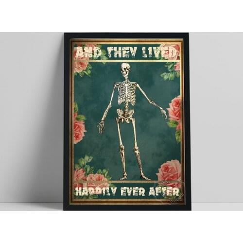 Happily Lived Romance Painting, Funny Skeleton Wall Stickers, Vintage Pink Rose Wall Picture, Positive Text Halloween Wall Art