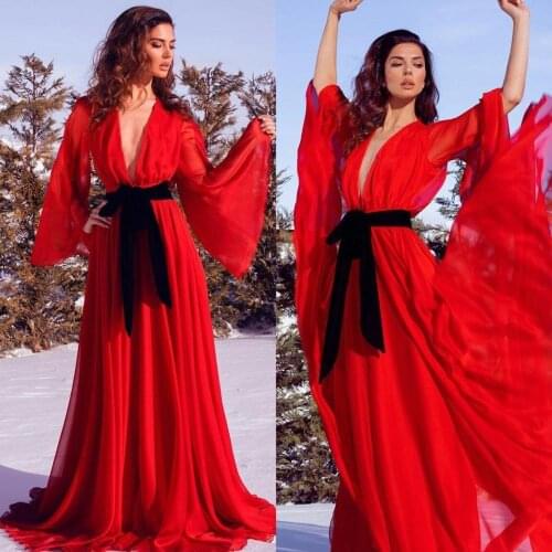 Sexy Photoshoot Vestidos Red Tiered Sheer Party Dresses with Sash V Neck Full Sleeve Prom Dress for Photo Shoot Baby Shower