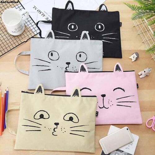 School Office Stationery Stuff Bag Folder Portfolio Cute Cartoon Cat A4 File Pocket Oxford Cloth With Zipper Bag Hand Carry Bag