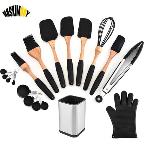 Silicone Kitchen Kitchenware Utensil Set with Silicone Wooden Handle Nonstick Cookware Cooking Utensils Baking Kitchen Tools